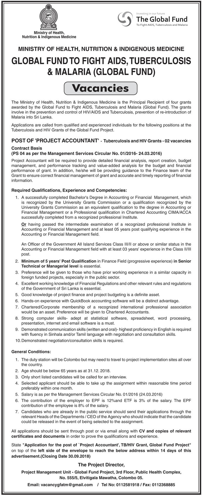 Project Accountant - Ministry of Health, Nutrition & Indigenous Medicine 